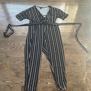 Large International INC company navy blue and white striped jumpsuit